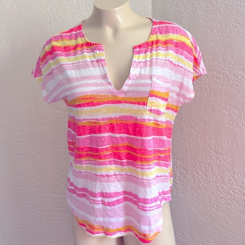 LILLY PULITZER Neon 100% linen Stripe T-shirt XS( run big )